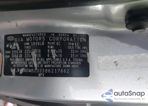 2008 Kia Sedona Lx z USA, uszkodzony, nr VIN KNDMB233386217662